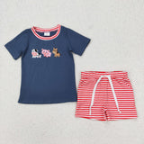 Farm Animals Cow Pig Horse Red Stripe Navy Boys Shorts Sets
