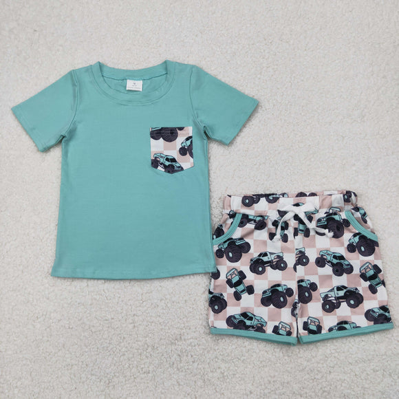 Truck Plaid Pocket Bluish Boys Shorts Sets