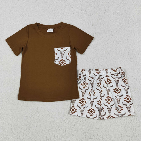 Highland Cow Aztec Pocket Brown Boys Shorts Sets