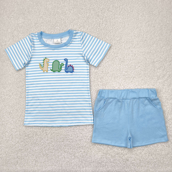 Dinosaur Blue Stripe Boys Shorts Sets