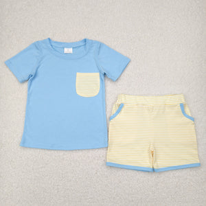 Yellow Stripe Pocket Blue Boys Shorts Sets