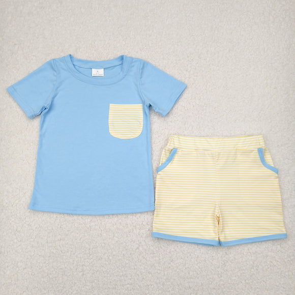 Yellow Stripe Pocket Blue Boys Shorts Sets