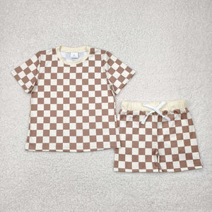 Brown Beige Plaid Boys Shorts Sets