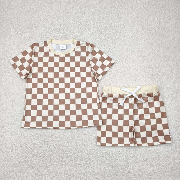 Brown Beige Plaid Boys Shorts Sets