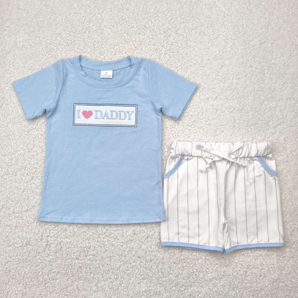 I Love Daddy Stripe White Blue Boys Shorts Sets