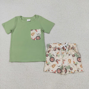 Farm Animals Tractor Pocket Green Boys Shorts Sets
