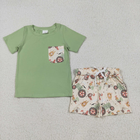 Farm Animals Tractor Pocket Green Boys Shorts Sets