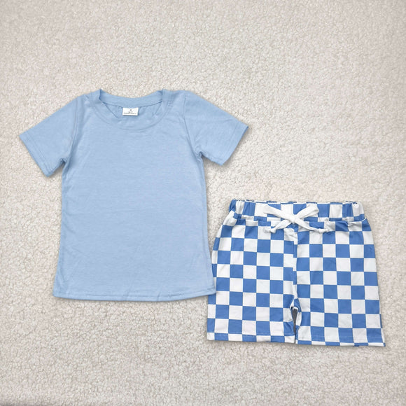 Solid Blue Plaid Boys Shorts Sets