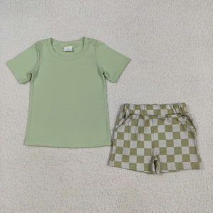 Solid Green Plaid Boys Shorts Sets