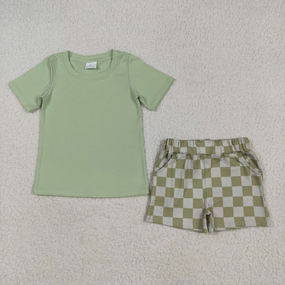 Solid Green Plaid Boys Shorts Sets