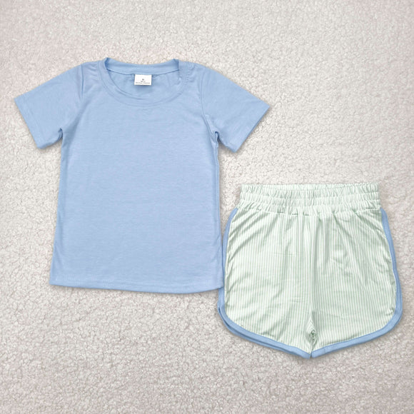 Solid Blue Green Stripe Boys Shorts Sets