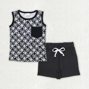 Smile Black Pocket Plaid Boys Shorts Sets