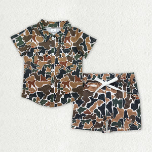 Pockets Green Brown Camo Beige Boys Shorts Sets