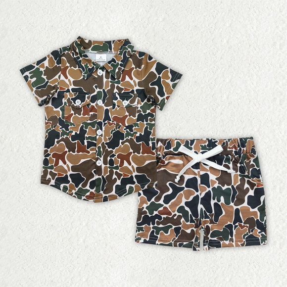 Pockets Green Brown Camo Beige Boys Shorts Sets