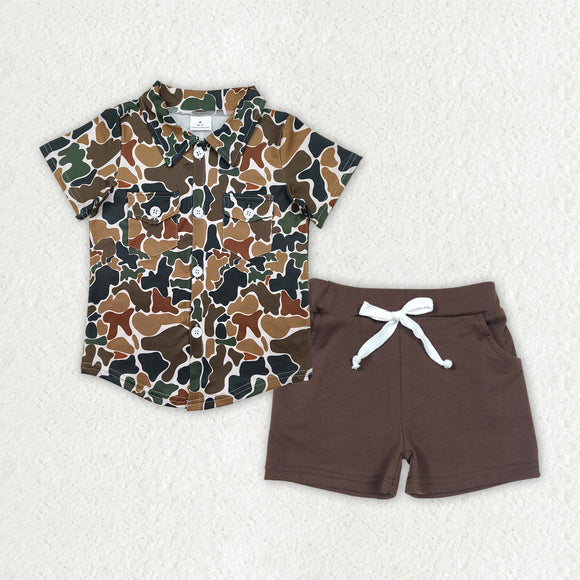 Pockets Green Camo Beige Brown Boys Shorts Sets