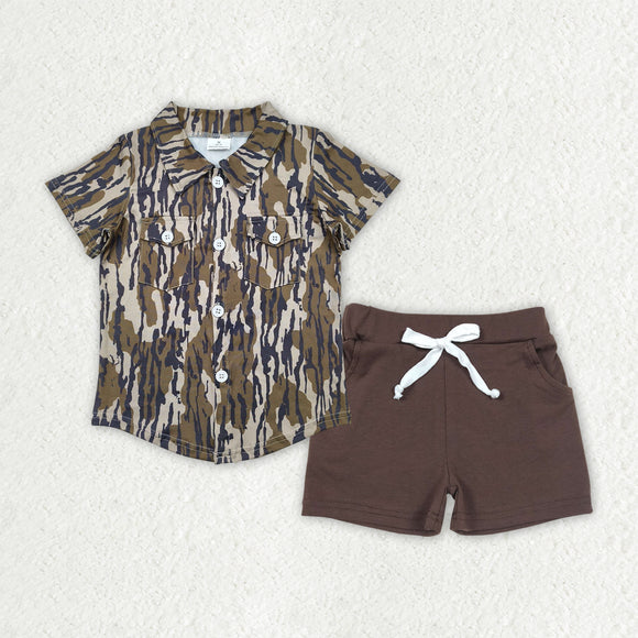 Pockets Army Green Camo Brown Boys Shorts Sets