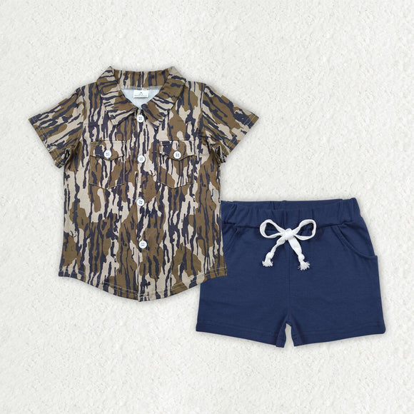 Pockets Army Green Camo Navy Boys Shorts Sets