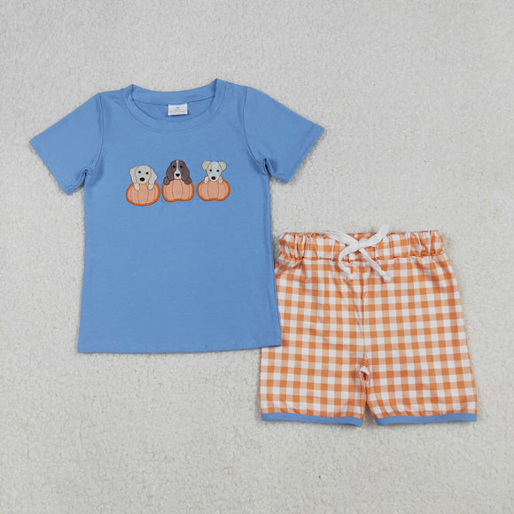 Pumpkin Dogs Orange Plaid Blue Boys Shorts Sets