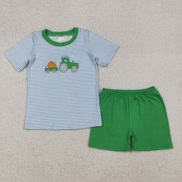 Pumpkin Tractor Blue Stripe Green Boys Shorts Sets