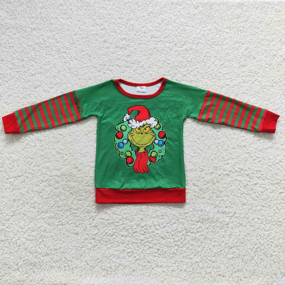 Cartoon Red Stripe Green Boys Christmas Top