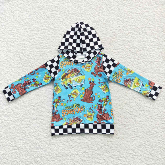 Cartoon Dog Plaid Blue Boys Hoodie Top