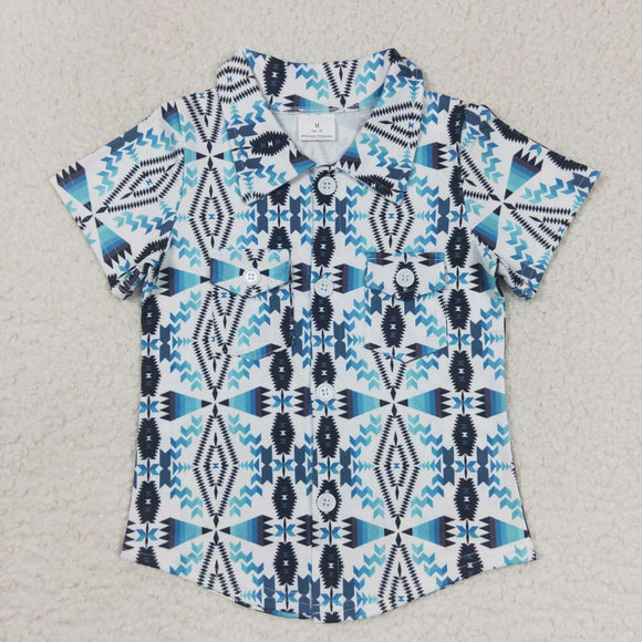 Aztec Blue White Boys Short Sleeve Top