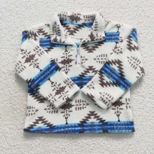 Aztec Blue White Kids Pullover Plush Coat