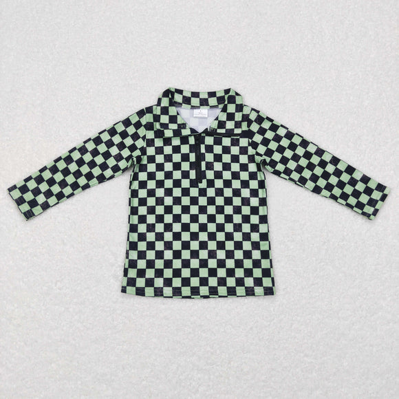 Green Black Plaid Polo Boys Long Sleeve Top