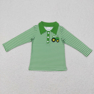 Tractor Green Stripe Polo Boys Long Sleeve Top