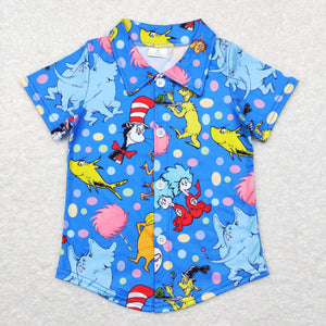 Cartoon Cats Dots Blue Boys Short Sleeve Top