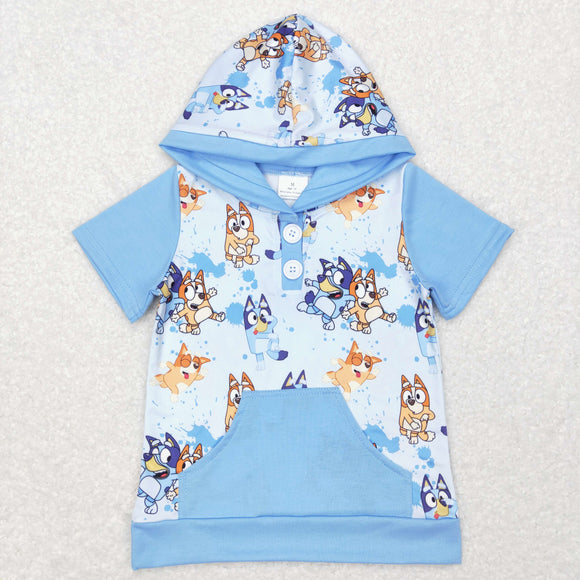 Cartoon Dogs Blue Hoodie Boys Short Sleeve Top