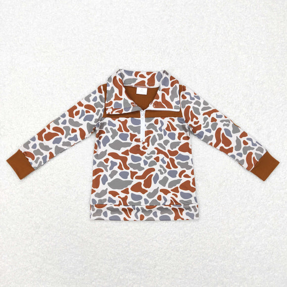 Camo Brown Beige Polo Boys Long Sleeve Top