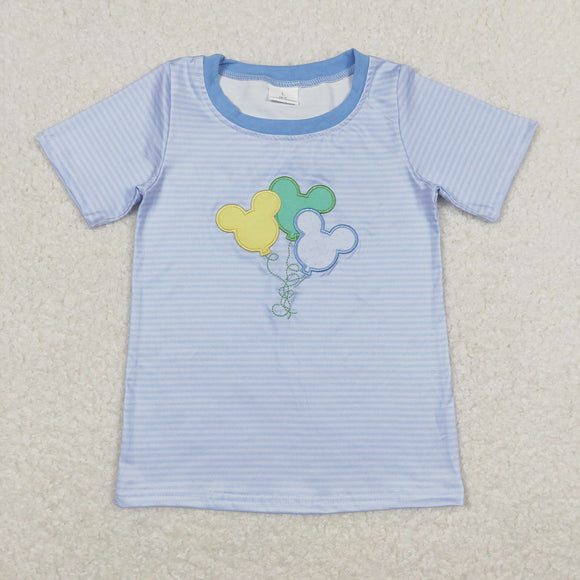 Cartoon Balloon Stripe Blue Boys Short Sleeve Top