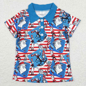 Cartoon Cats Stripe Blue Boys Short Sleeve Top