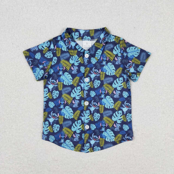 Cartoon Leaves Navy Boys Short Sleeve Top