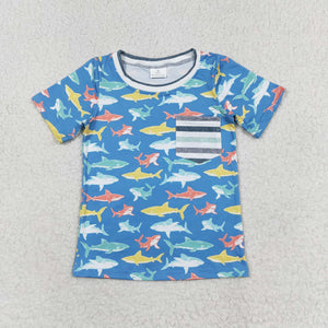 Shark Stripe Pocket Blue Boys Short Sleeve Top