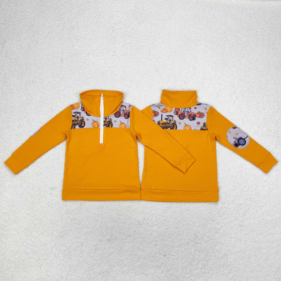 Pumpkin Tractor Gray Orange Polo Boys Long Sleeve Top