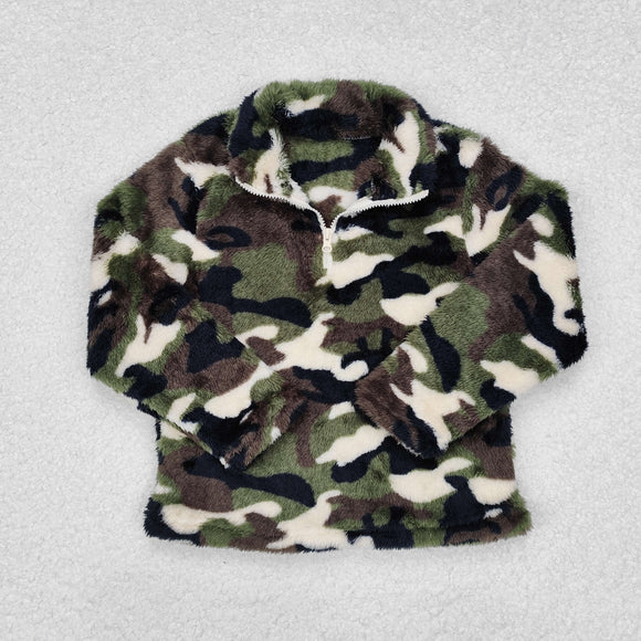 Brown Green Camo Kids Pullover Plush Coat