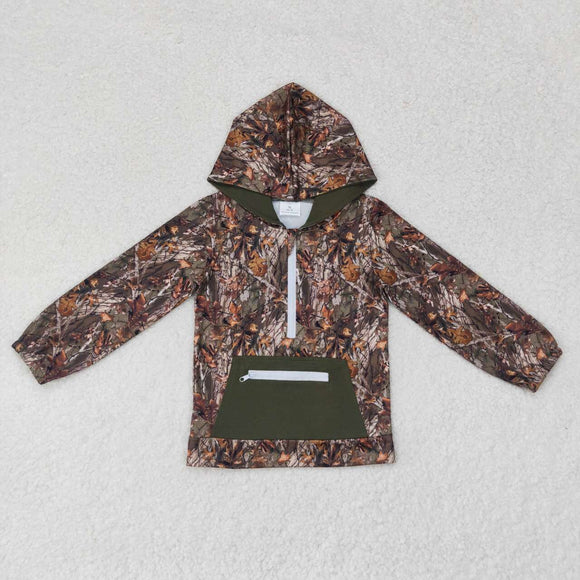 Leaves Camo Green Pocket Boys Hoodie Top