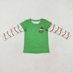 Cartoon Patchwork Green White Boys Christmas Top