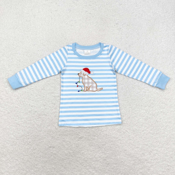 Lights Dog Blue Stripe Boys Christmas Top