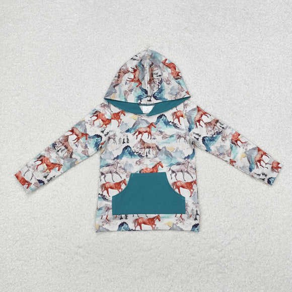 Horses Blue Pocket Boys Hoodie Top