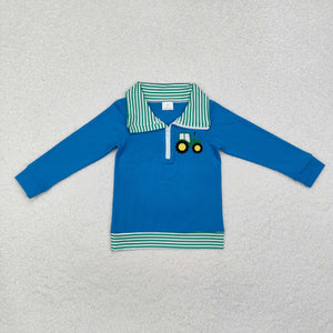 Tractor Green Stripe Blue Polo Boys Long Sleeve Top