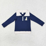 Dog Stripe Navy Polo Boys Long Sleeve Top