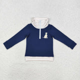 Dog Stripe Navy Polo Boys Long Sleeve Top