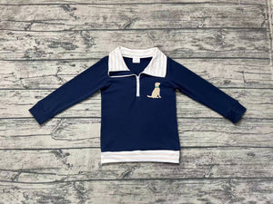 Pre-sale Dog Stripe Navy Polo Boys Long Sleeve Tops