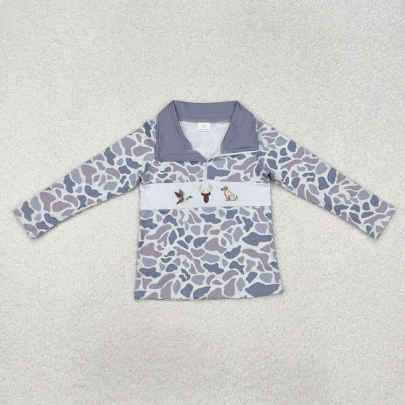 Duck Deer Dog Camo Gray Polo Boys Long Sleeve Top