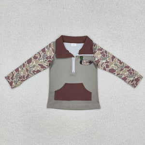 Camo Duck Brown Pocket Polo Boys Long Sleeve Top