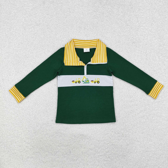 Construction Truck Yellow Stripe Green Polo Boys Long Sleeve Top