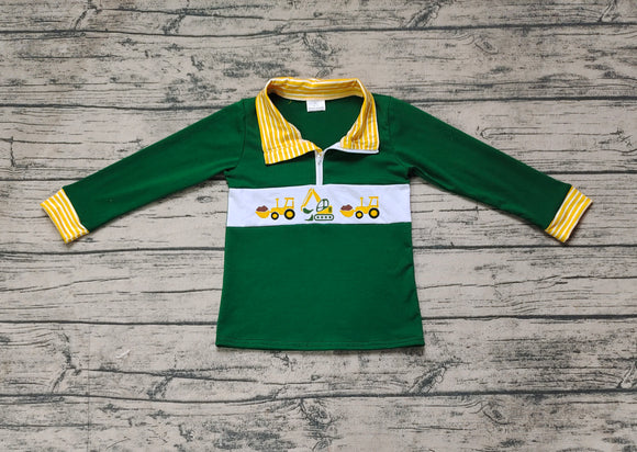 Pre-sale Construction Truck Yellow Stripe Green Polo Boys Long Sleeve Tops